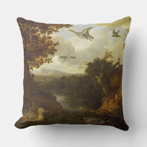 Ducks and other birds about a stream in an Italian Throw Pillow