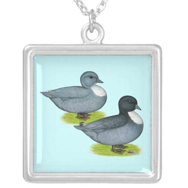 Ducks:  Blue Calls Silver Plated Necklace (Front)