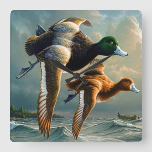 Ducks flying over the ocean and a small boat below square wall clock