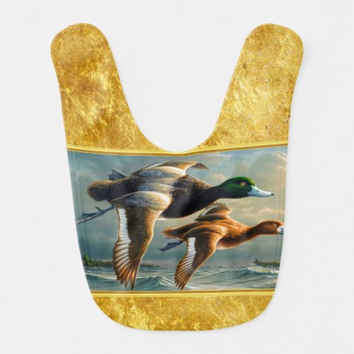 Ducks flying over the sea With a small boat below Baby Bib