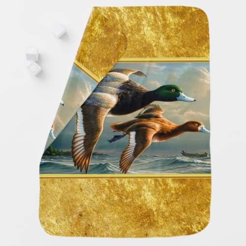 Ducks flying over the sea With a small boat below Baby Blanket