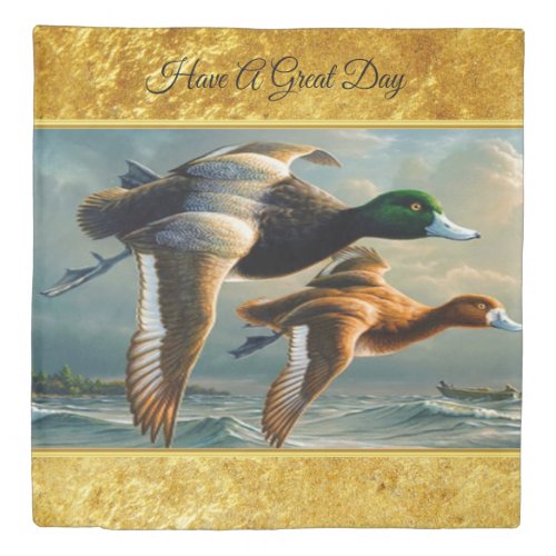 Ducks flying over the sea With a small boat below Duvet Cover