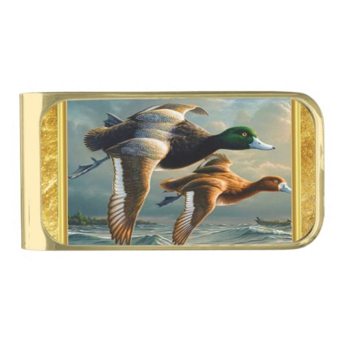 Ducks flying over the sea With a small boat below Gold Finish Money Clip