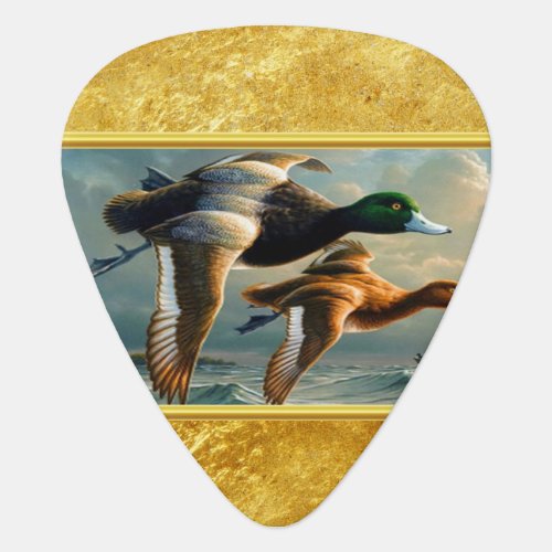 Ducks flying over the sea With a small boat below Guitar Pick