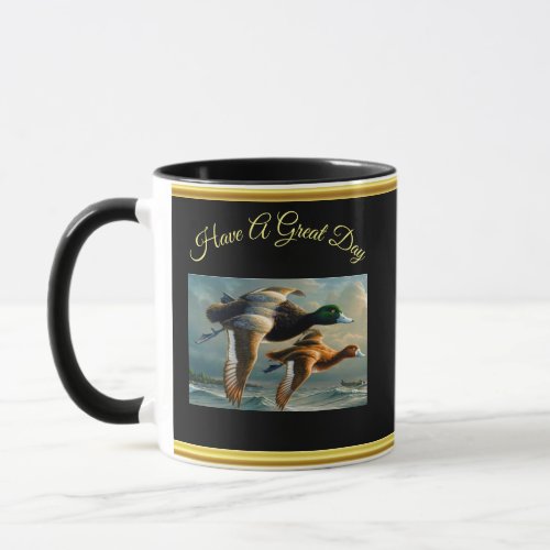 Ducks flying over the sea With a small boat below Mug