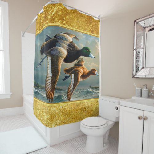 Ducks flying over the sea With a small boat below Shower Curtain