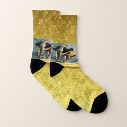 Ducks flying over the sea With a small boat below Socks