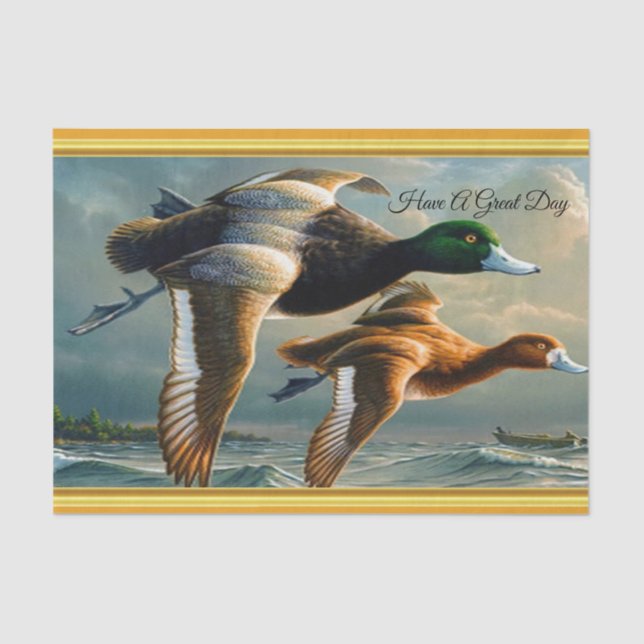 Ducks flying over the sea With a small boat below Tissue Paper (Front)