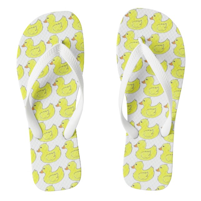 Ducks in a Row Yellow Rubber Duck Ducky Flip Flops (Footbed)