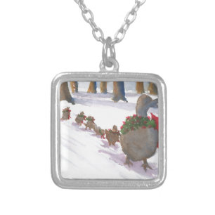 ducks in boston common during the winter holidays silver plated necklace