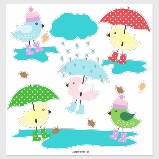Ducks in the Rain with Umbrellas and Rain Boots Sticker (Sheet)