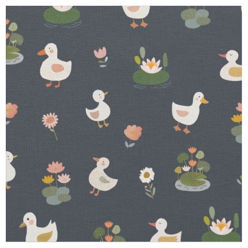 Ducks & Lily Pads on Charcoal Black Fabric