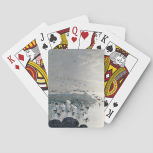 Ducks, Mallards and Swans on the lake at sunset Poker Cards