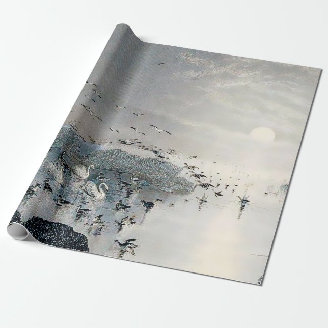 Ducks, Mallards and Swans on the lake at sunset Wrapping Paper (Unrolled)