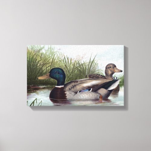 Ducks on Pond Vintage Painting Canvas Print