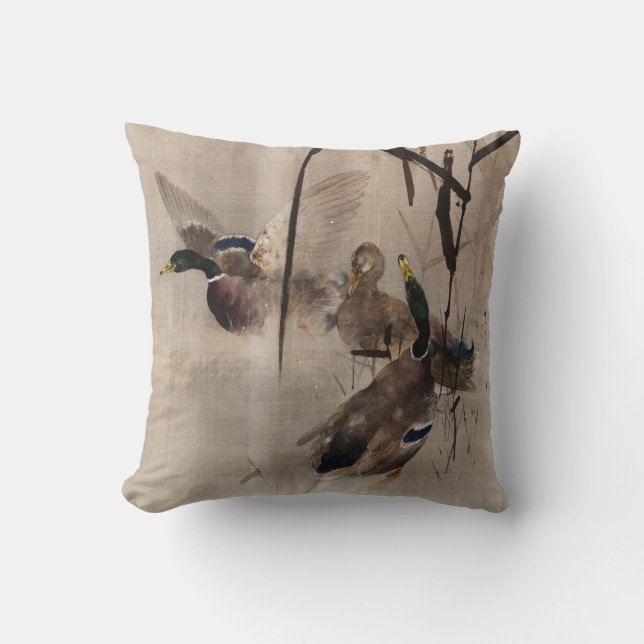 Ducks on the Water Japanese Art Waterfowl  Throw Pillow (Front)