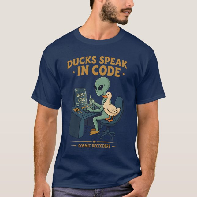 Ducks Speak in Code: Cosmic Decoders T-Shirt (Front)