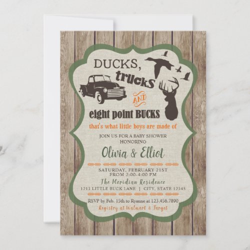Ducks Trucks  Eight Point Bucks Deer Baby Boy Invitation