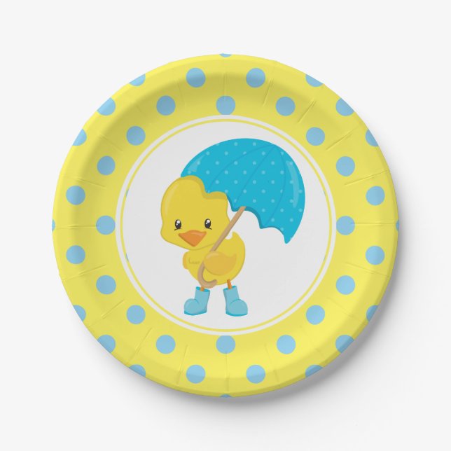 Ducky with Umbrella Baby Shower Paper Plates (Front)