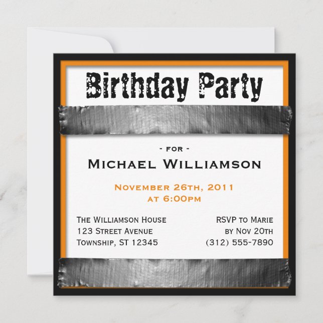 Duct Tape Square Men's Orange Birthday Invitations (Front)