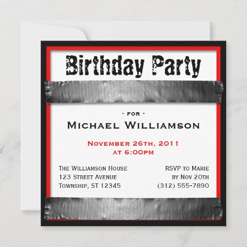 Duct Tape Square Mens Red Birthday Invitations
