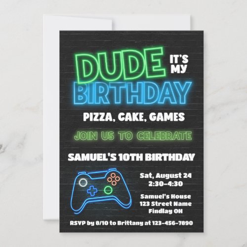 Dude Its My Birthday Pizza Cake Games Party Invitation