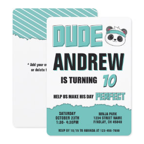 Dude Teal and Black Panda Birthday Party Invitation