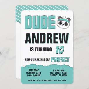 Dude Teal and Black Panda Birthday Party Invitation
