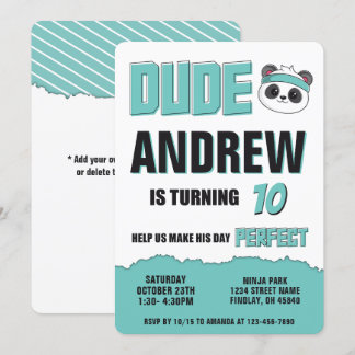Dude Teal and Black Panda Birthday Party Invitation
