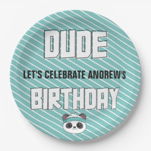 Dude Teal and Black Panda Birthday Party Paper Plates