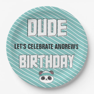 Dude Teal and Black Panda Birthday Party Paper Plates