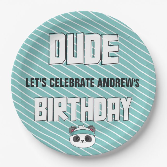 Dude Teal and Black Panda Birthday Party Paper Plates (Front)