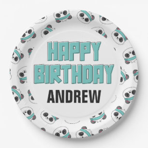 Dude Teal and Black Panda Happy Birthday Party Paper Plates