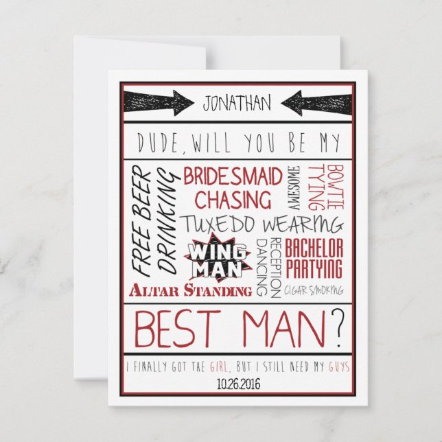 Dude, Will you be my Best Man? Red/Black Collage Invitation (Front)