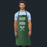 Dude with the Food Funny Hunter Green Grilling Apron<br><div class="desc">The perfect apron for the guy who loves to grill. Two crossed spatulas appear silhouetted in white under the words "Dude with the Food" in white on a hunter green background. Makes an ideal birthday or Father's Day gift.</div>