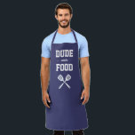 Dude with the Food Funny Navy Blue Grilling Apron<br><div class="desc">The perfect apron for the guy who loves to grill. Two crossed spatulas appear silhouetted in white under the words "Dude with the Food" in white on a navy blue background. Makes an ideal birthday or Father's Day gift.</div>