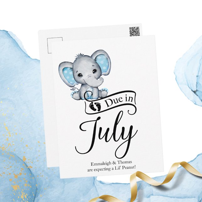 Due in July Little Peanut Baby Boy Elephant Postcard (Creator Uploaded)