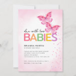 Due with Two Pink Butterflies Twins Baby Shower Invitation