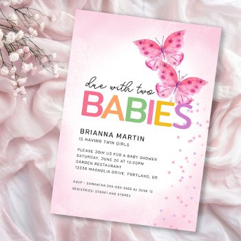 Due With Two Pink Butterflies Twins Baby Shower Invitation by daisylin712 at Zazzle