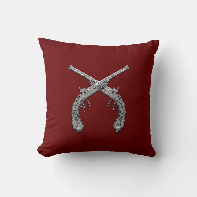 Dueling Antique Guns Maroon Throw Pillow (Front)