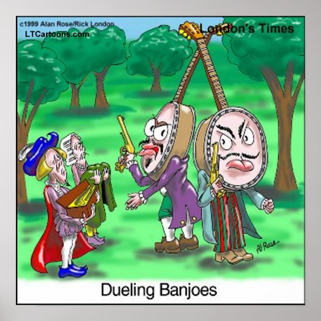Dueling Banjoes Funny Cartoon Poster by Rick Londo (Front)
