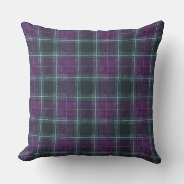 Dueling Tartans Green and Purple Throw Pillow (Front)