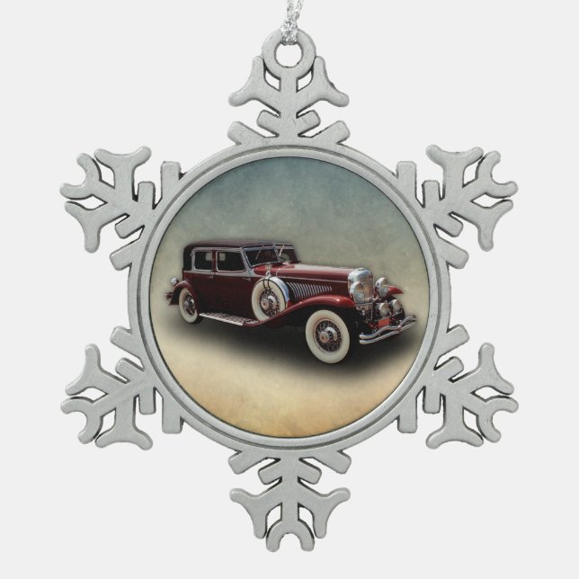 Duesenberg (Duesy) Model J Classic Car Snowflake Pewter Christmas Ornament (Front)