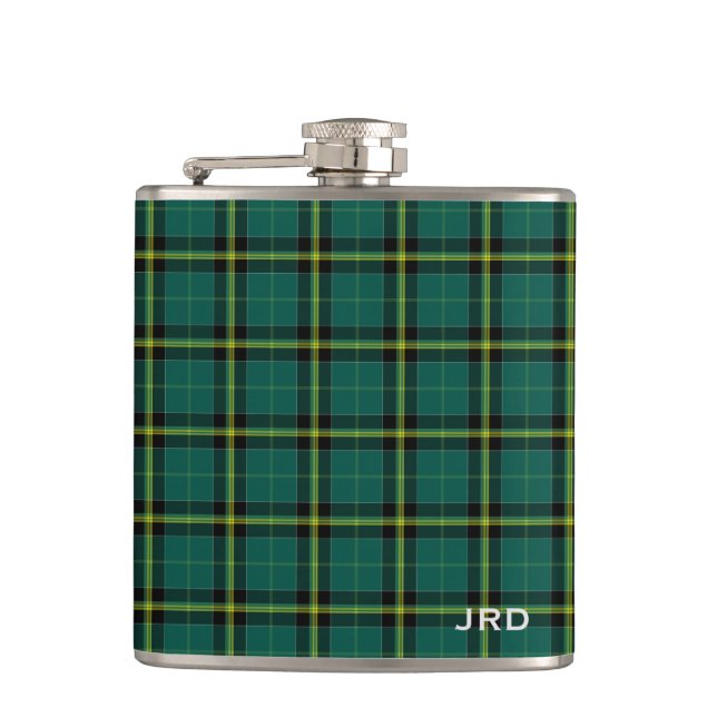 Duffy Tartan Monogram Bright Green Plaid Flask (Front)