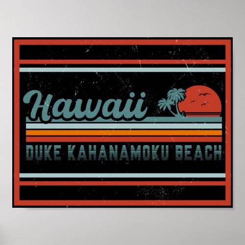 Duke Kahanamoku Beach Hawaii Retro Palm Trees 60s Poster