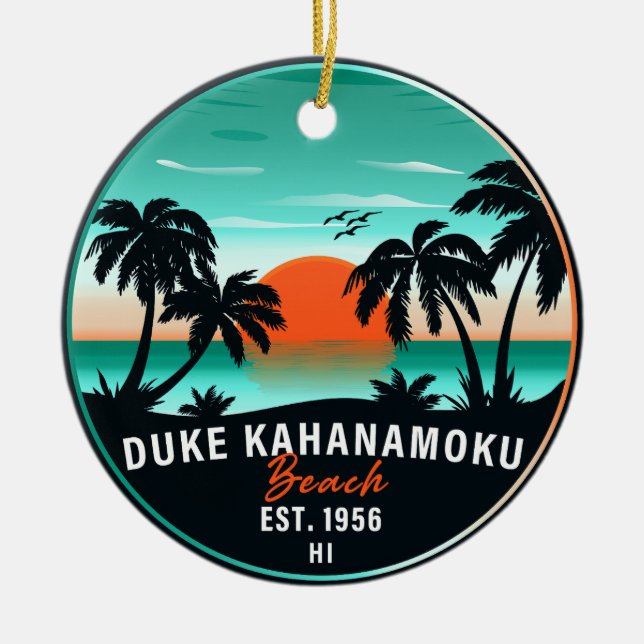 Duke Kahanamoku Beach Hawaii Retro Sunset Souvenir Ceramic Ornament (Front)