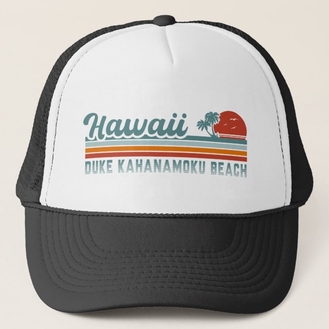 Duke Kahanamoku Beach Hi Retro Palm Trees 80s Trucker Hat (Front)