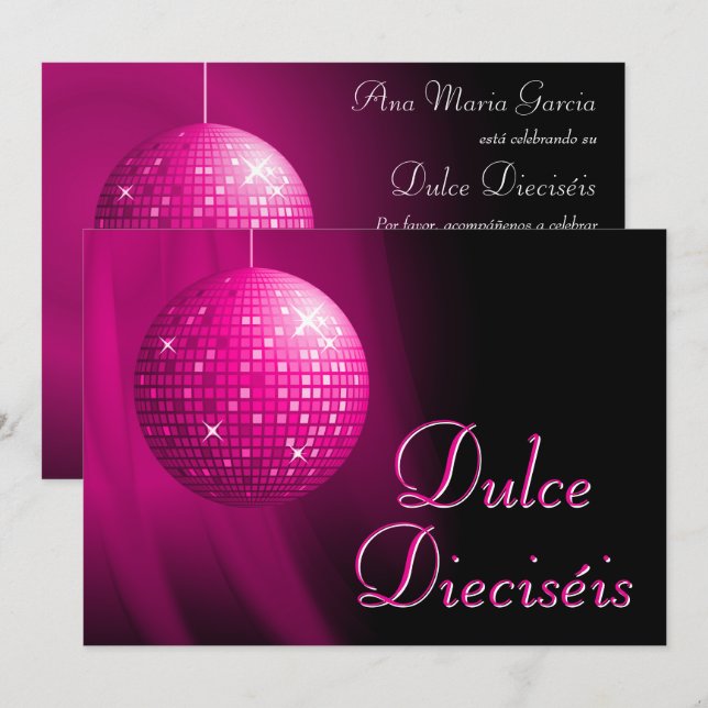 Dulce Dieciséis Disco Ball Rosa Fiesta  Invitation (Front/Back)
