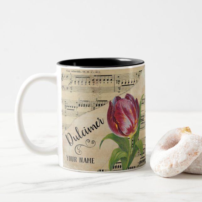 Dulcimer Tulip Vintage Sheet Music Customized Two-Tone Coffee Mug (With Donut)