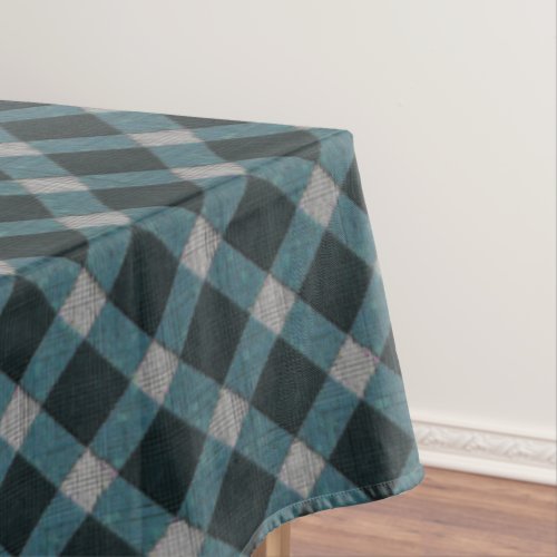 Dull blue cross tartan plaid and light grey relief tablecloth